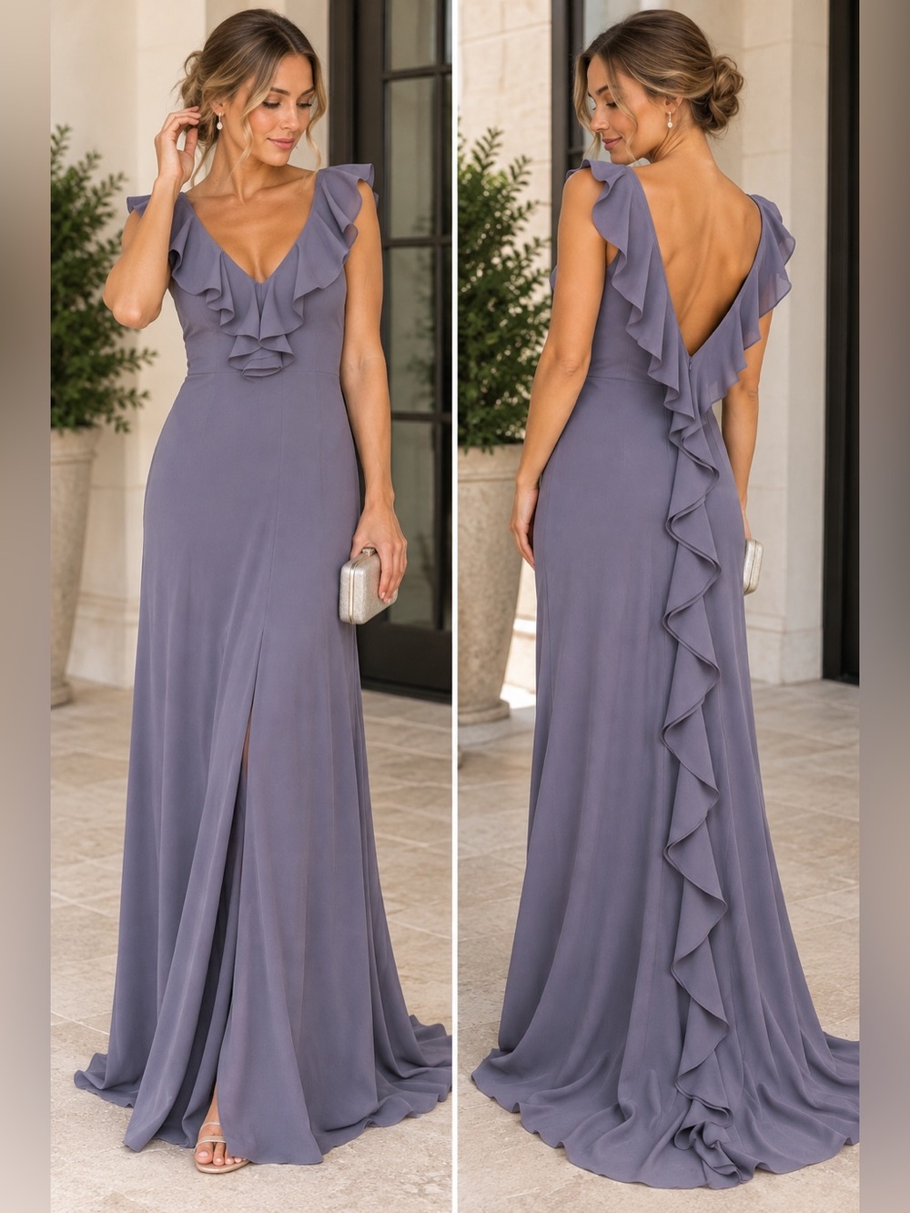 Aidan Mattox Size 10 Slate Lavender Ruffle Open Back Formal Evening Gown